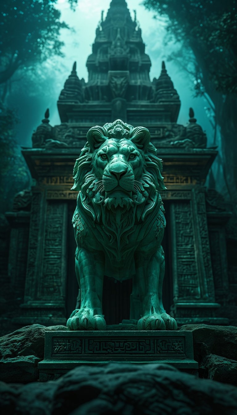 Jade lion guarding ancient royal temple