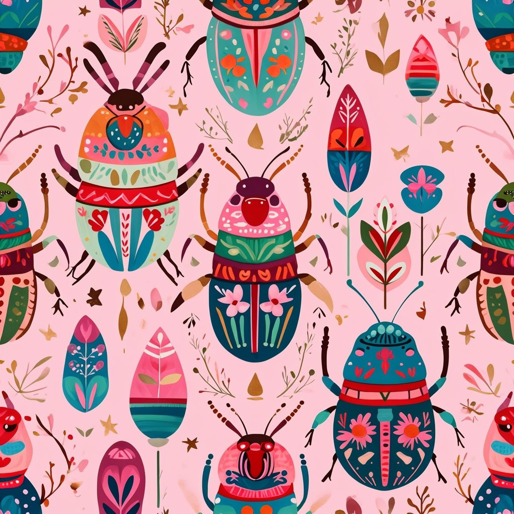 Whimsical Folk Art Beetles and Insects Seamless Pattern