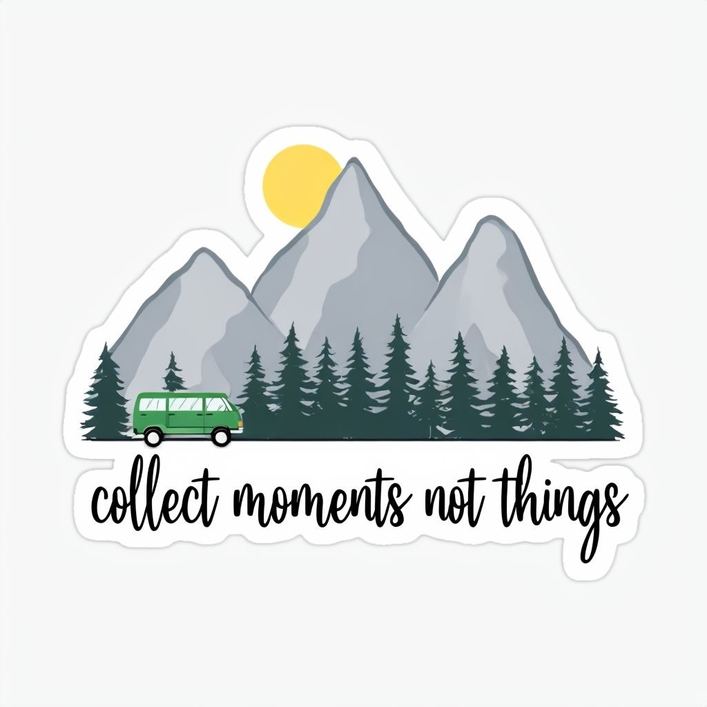 'Collect Moments Not Things' Minimalist Mountain & Van Sticker Design