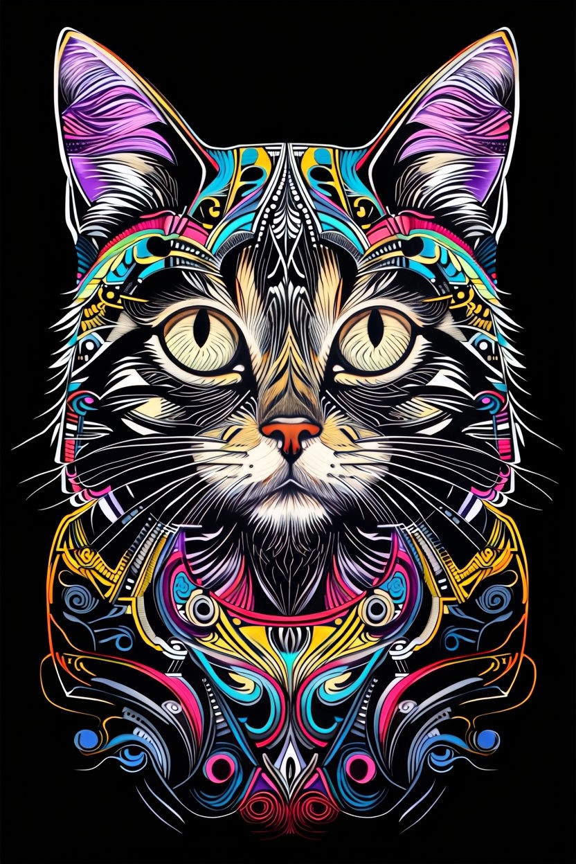 Stunning Multi-Color Scratchboard Art: Intricate Tabby Cat Designs on Black Background