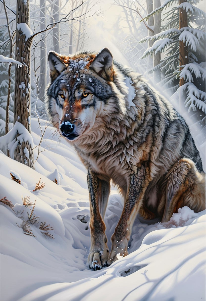 Majestic Gray Wolf in Snowy Winter Forest: Hyper-Realistic Wildlife Painting