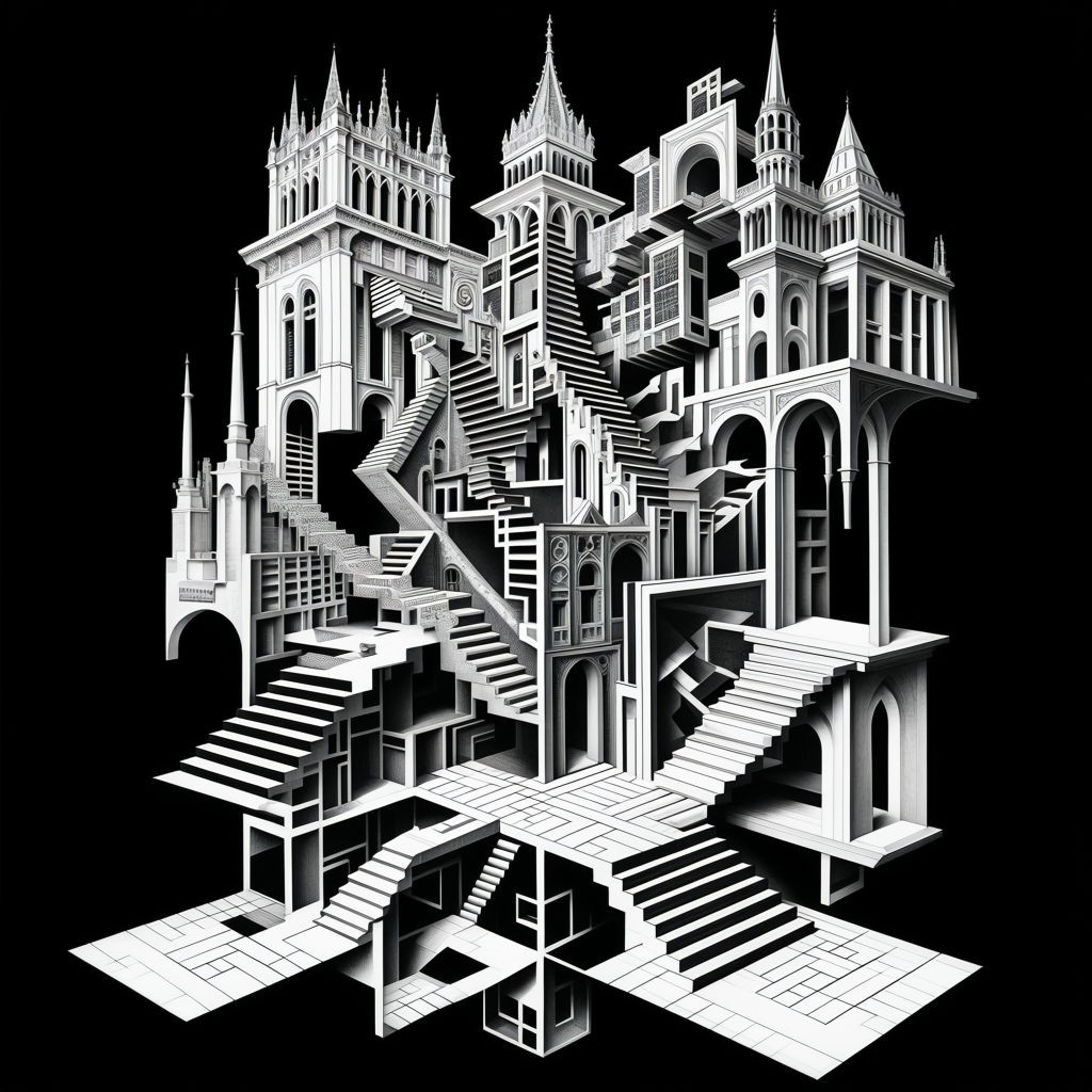 Surreal Black and White Line Art: Escher-Inspired Impossible Structures & Optical Illusions