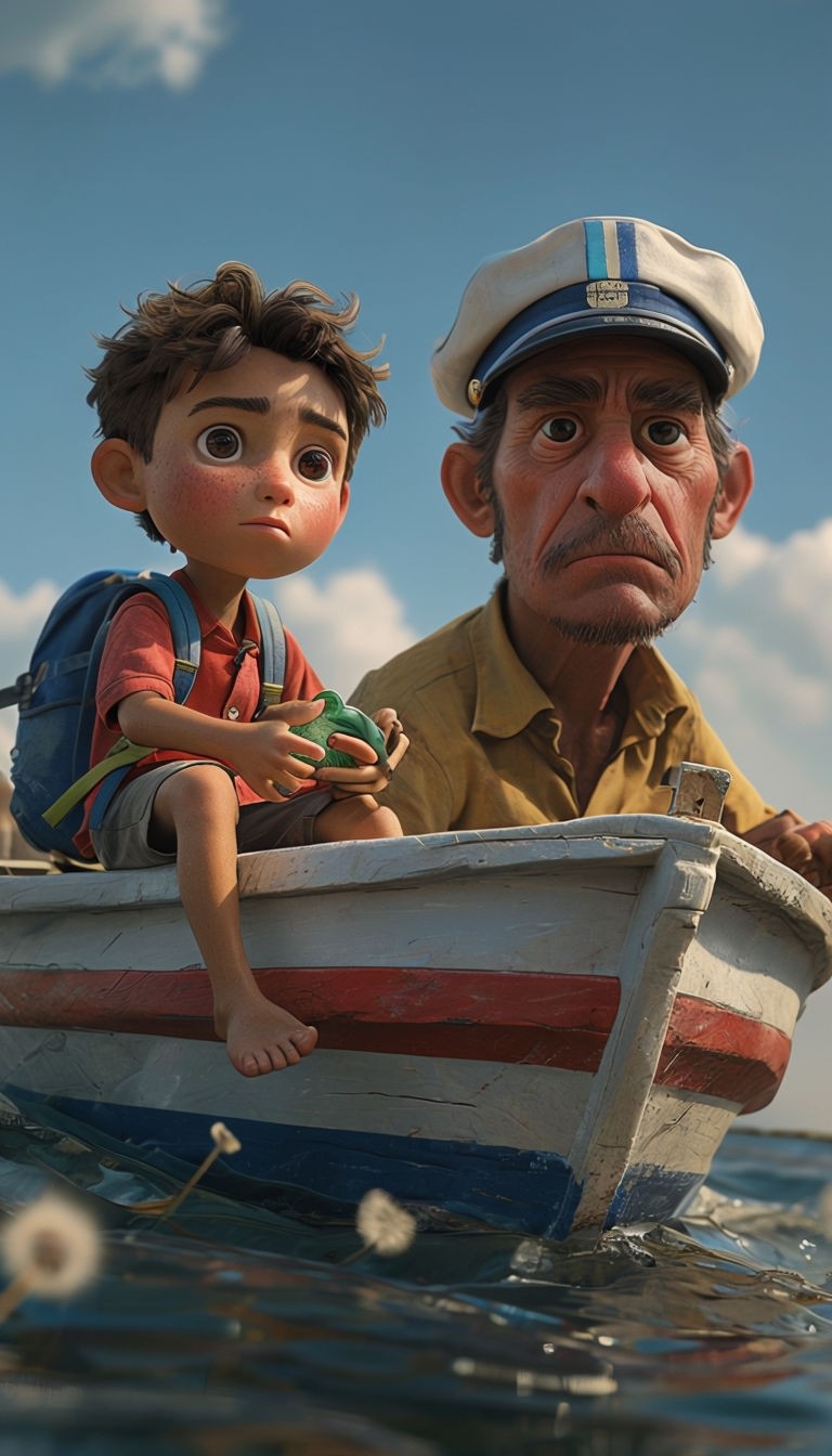 Stunning 3D Cinematic Scene: Boy and Man in a Boat Captured in Photorealistic Detail