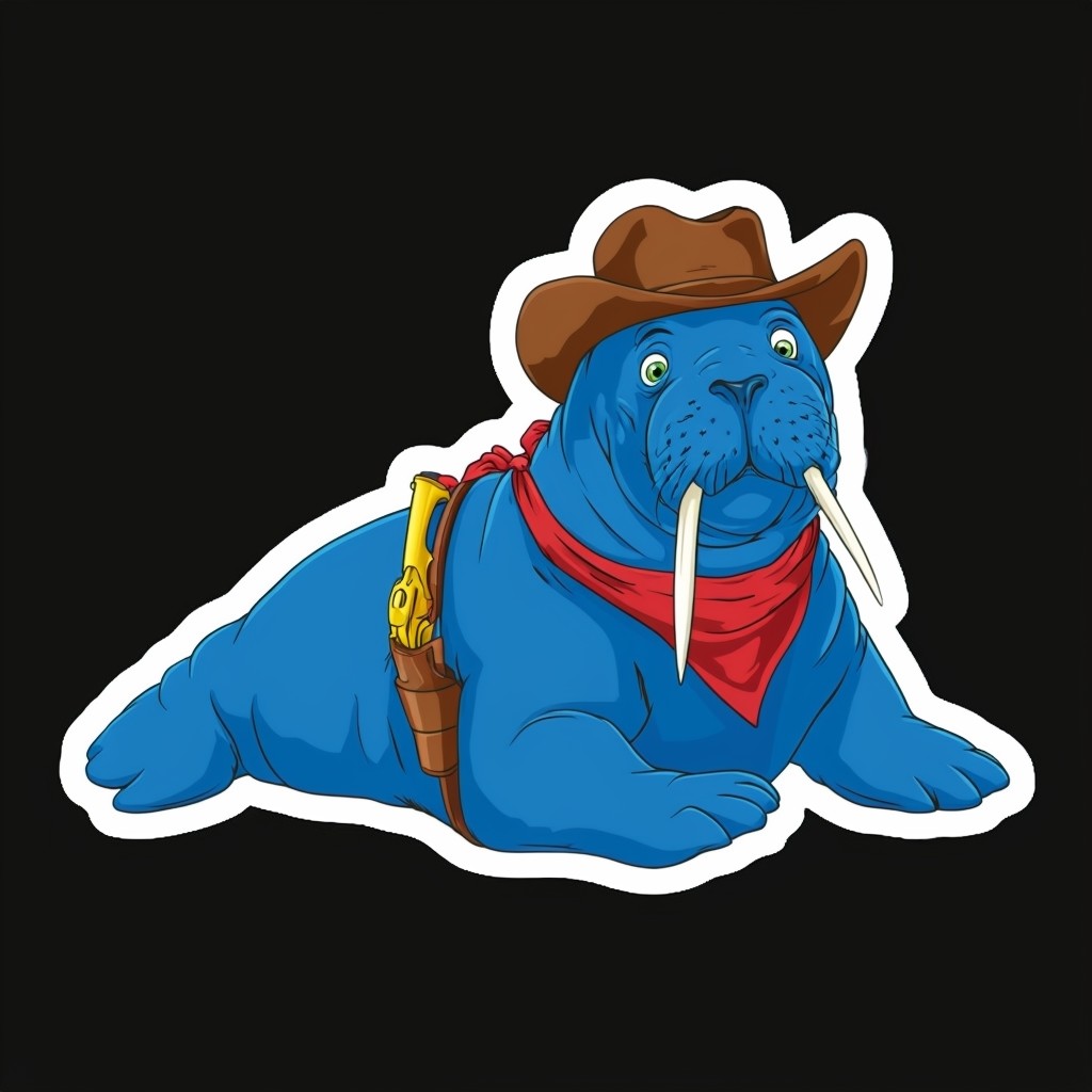 Blue Walrus Cowboy Cartoon Sticker