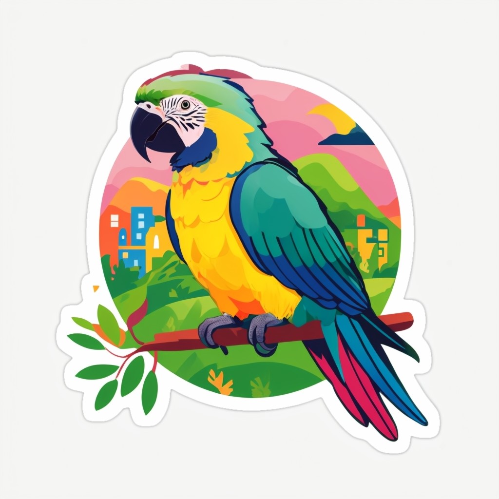 Colorful Parrot On Branch Circle Sticker