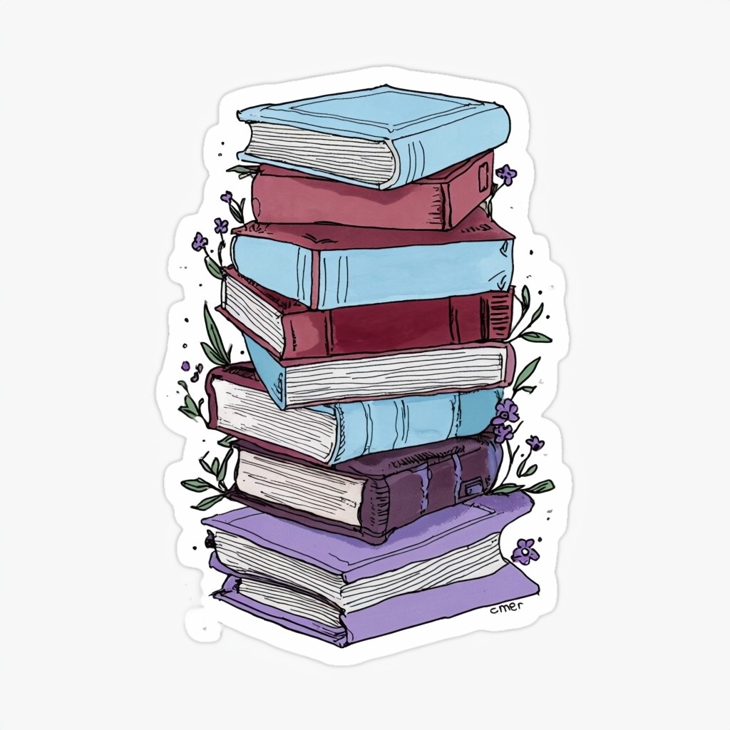 Whimsical Hand-Drawn Books Stack Sticker Design