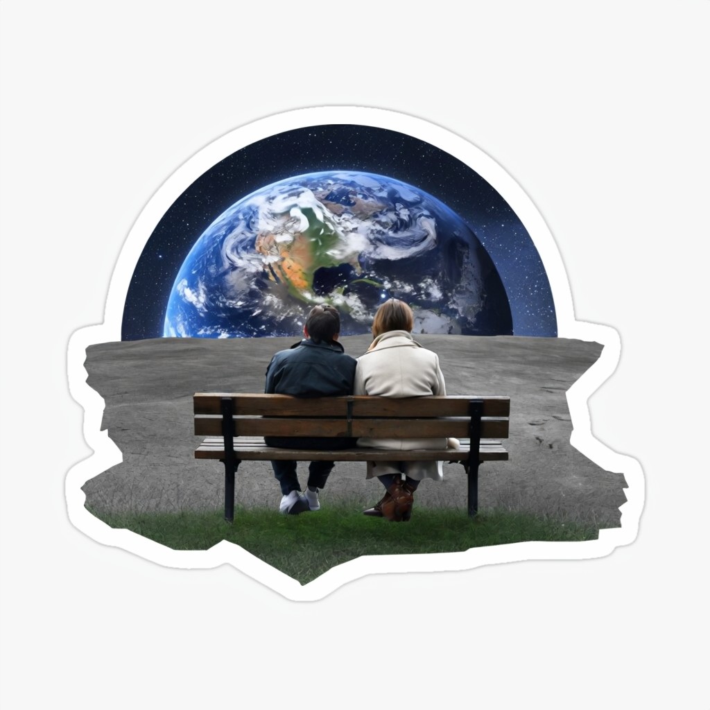 Surreal Earth Gazing Sticker on Wooden Bench