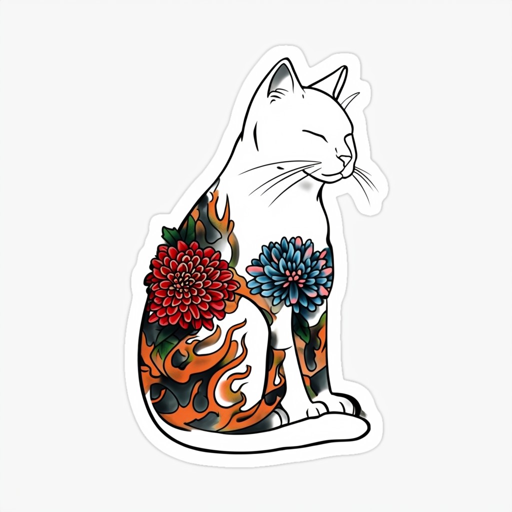 Tattoo-Inspired Floral White Cat Sticker