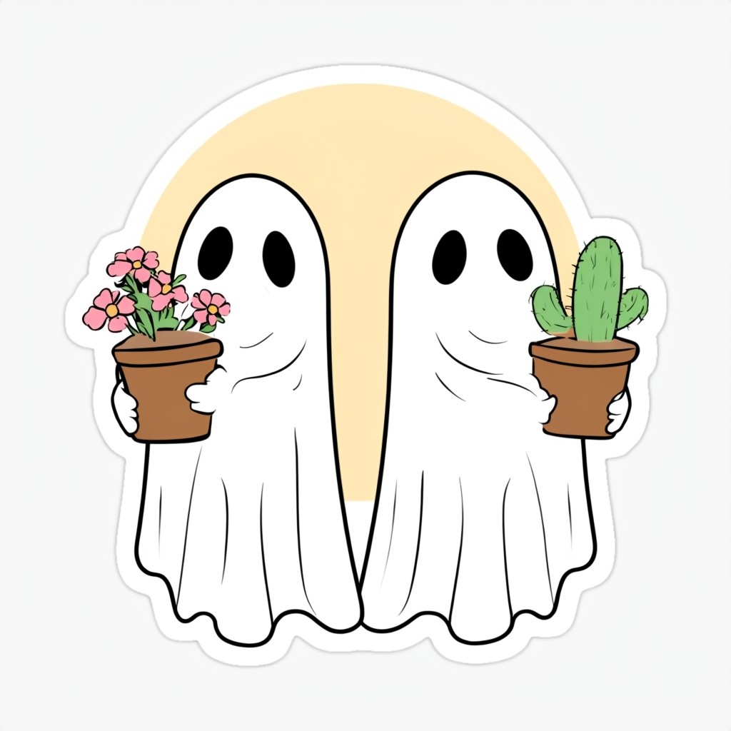 Whimsical Cartoon Ghosts with Flower and Cactus Sticker