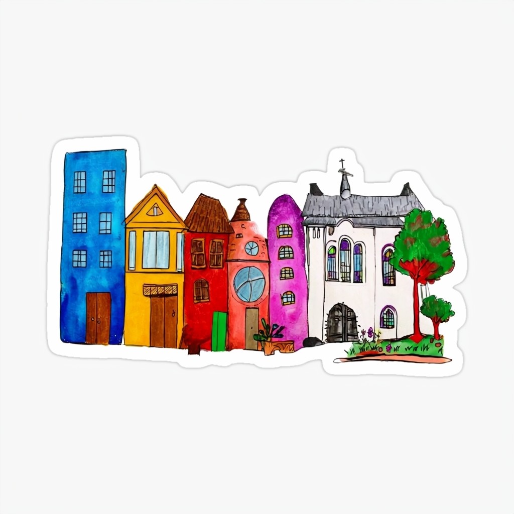 Colorful Whimsical Cartoon Buildings Sticker