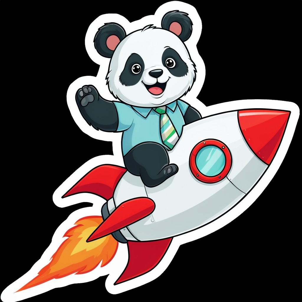 Cheerful Panda Riding Rocket Cartoon Sticker