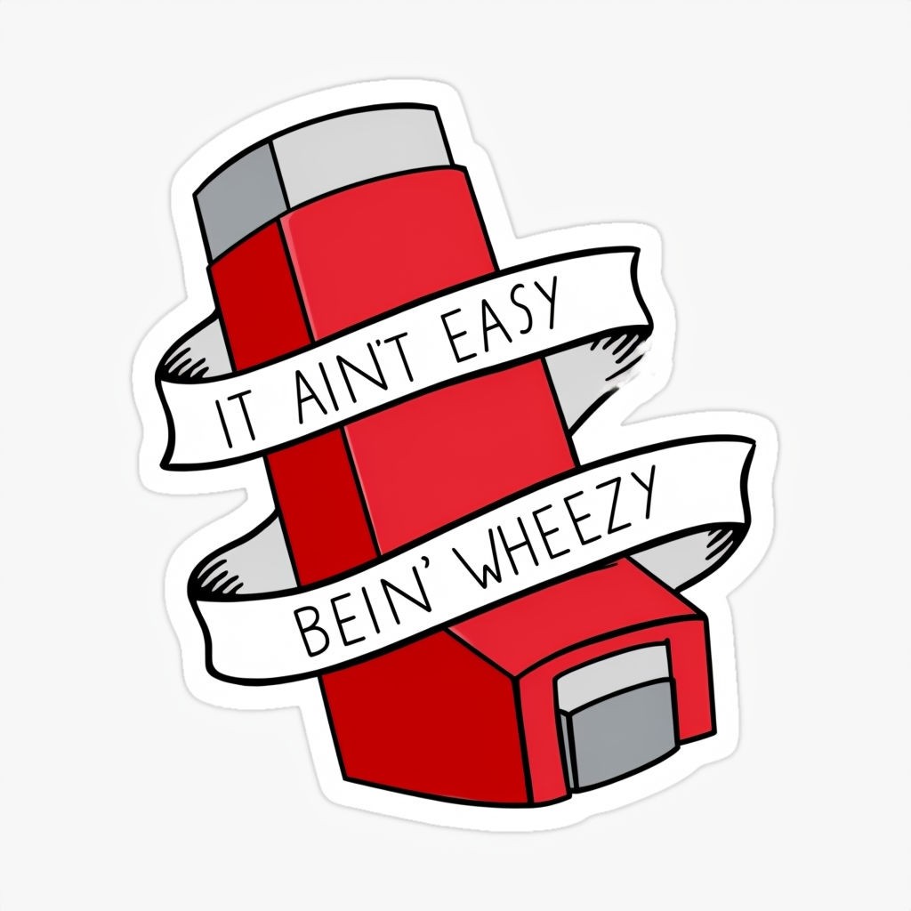 Red Inhaler Cartoon Sticker with Wheezy Quote