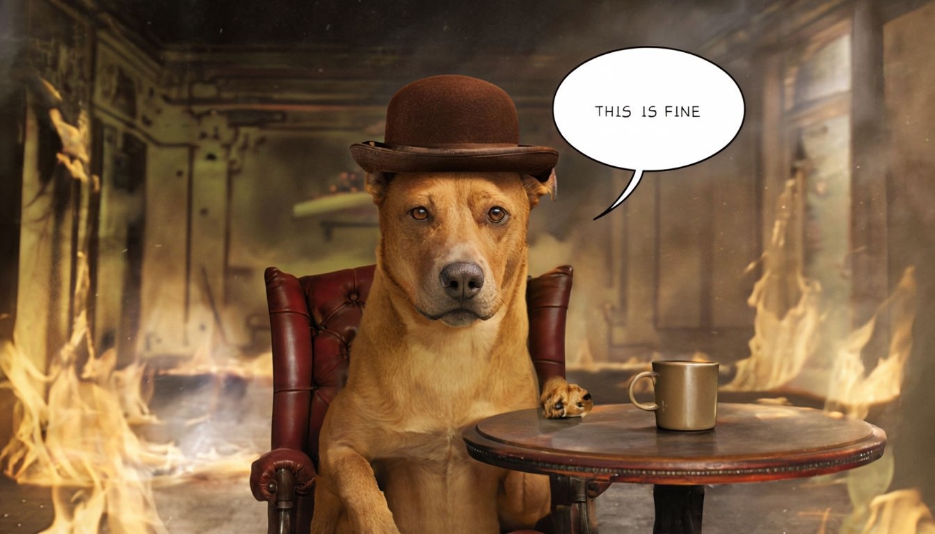 Calm Dog Amidst Flames with "THIS IS FINE" Speech Bubble Meme