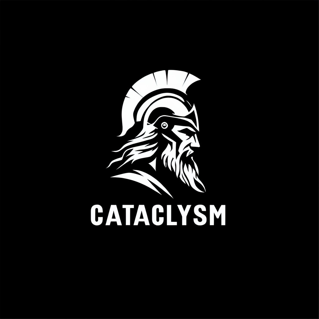 Minimalist Warrior Helmet Logo with 'CATACLYSM' Text