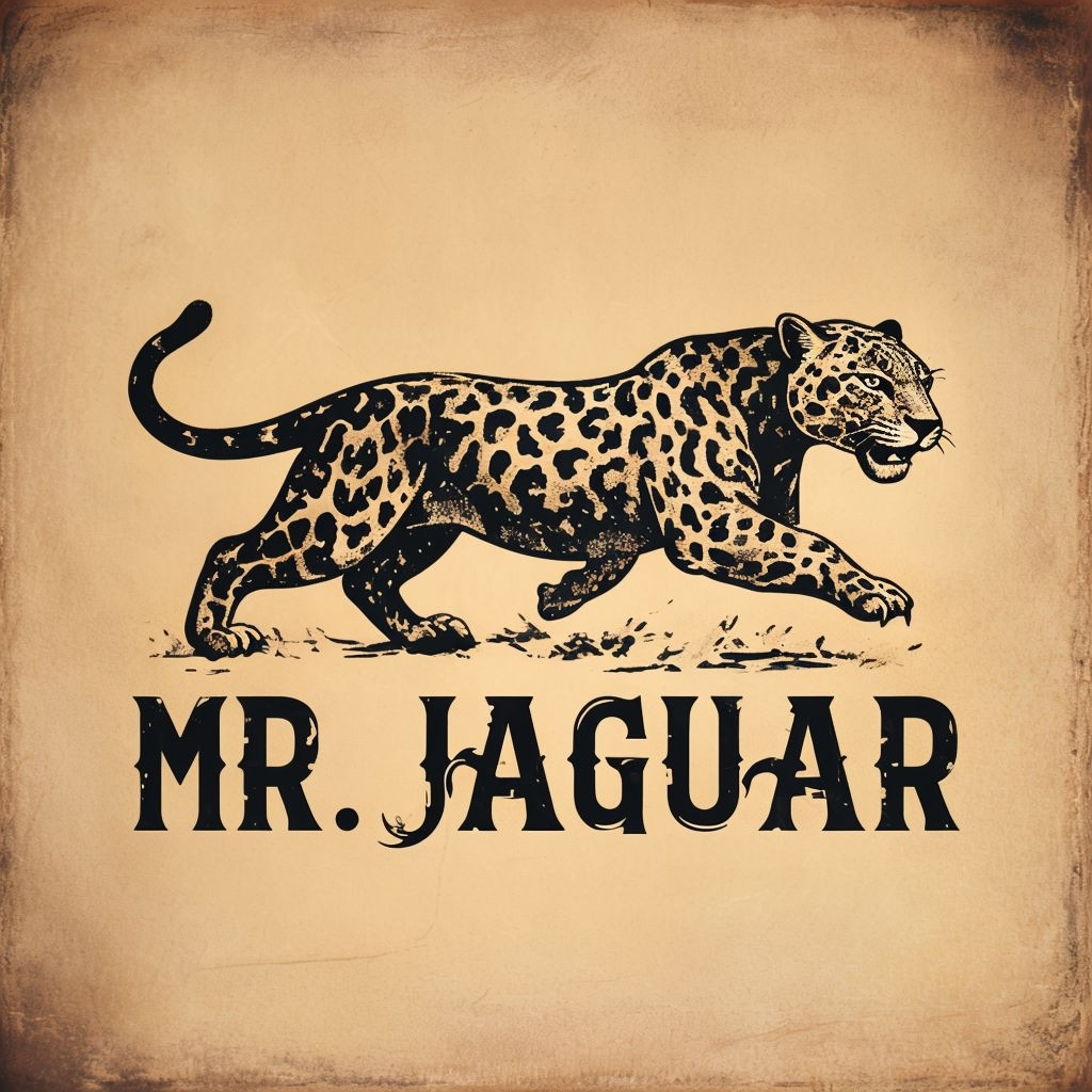 Vintage-Style Mr. Jaguar Logo with Black Jaguar Illustration on Beige Background