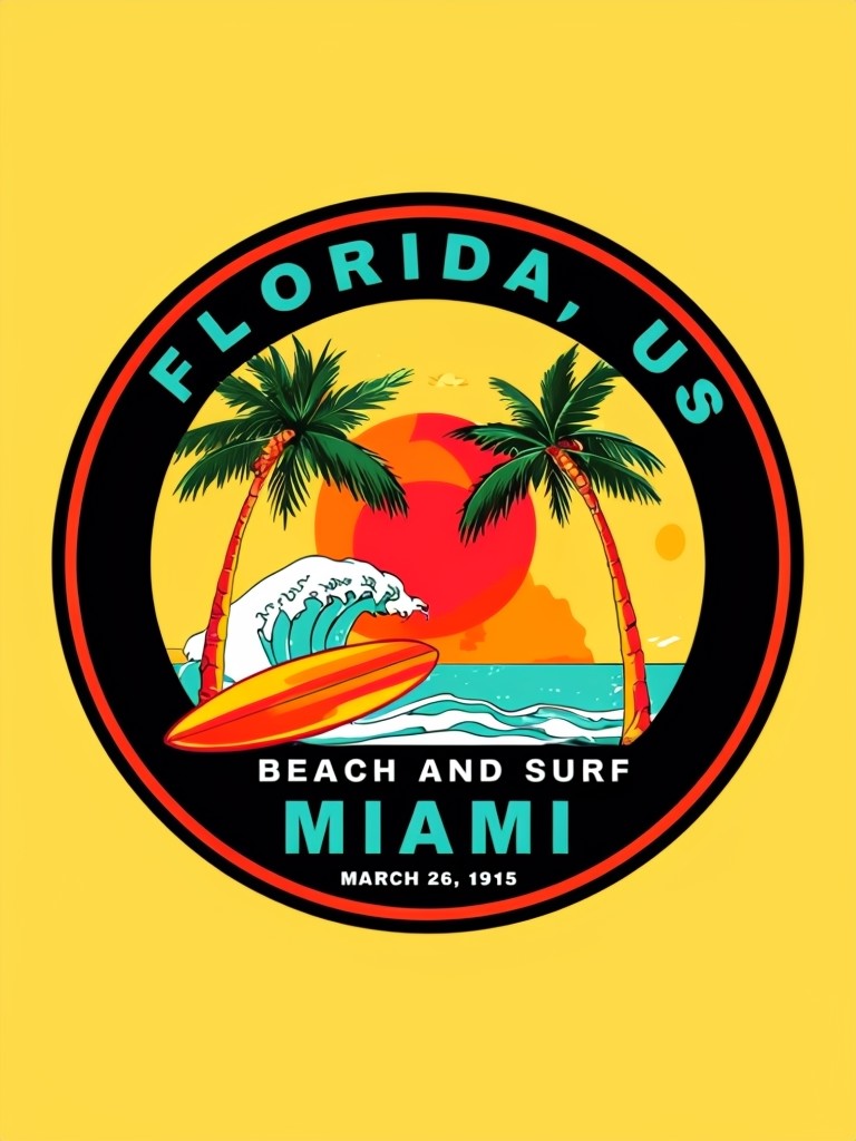 Retro Miami Beach Surf Emblem with Palm Trees