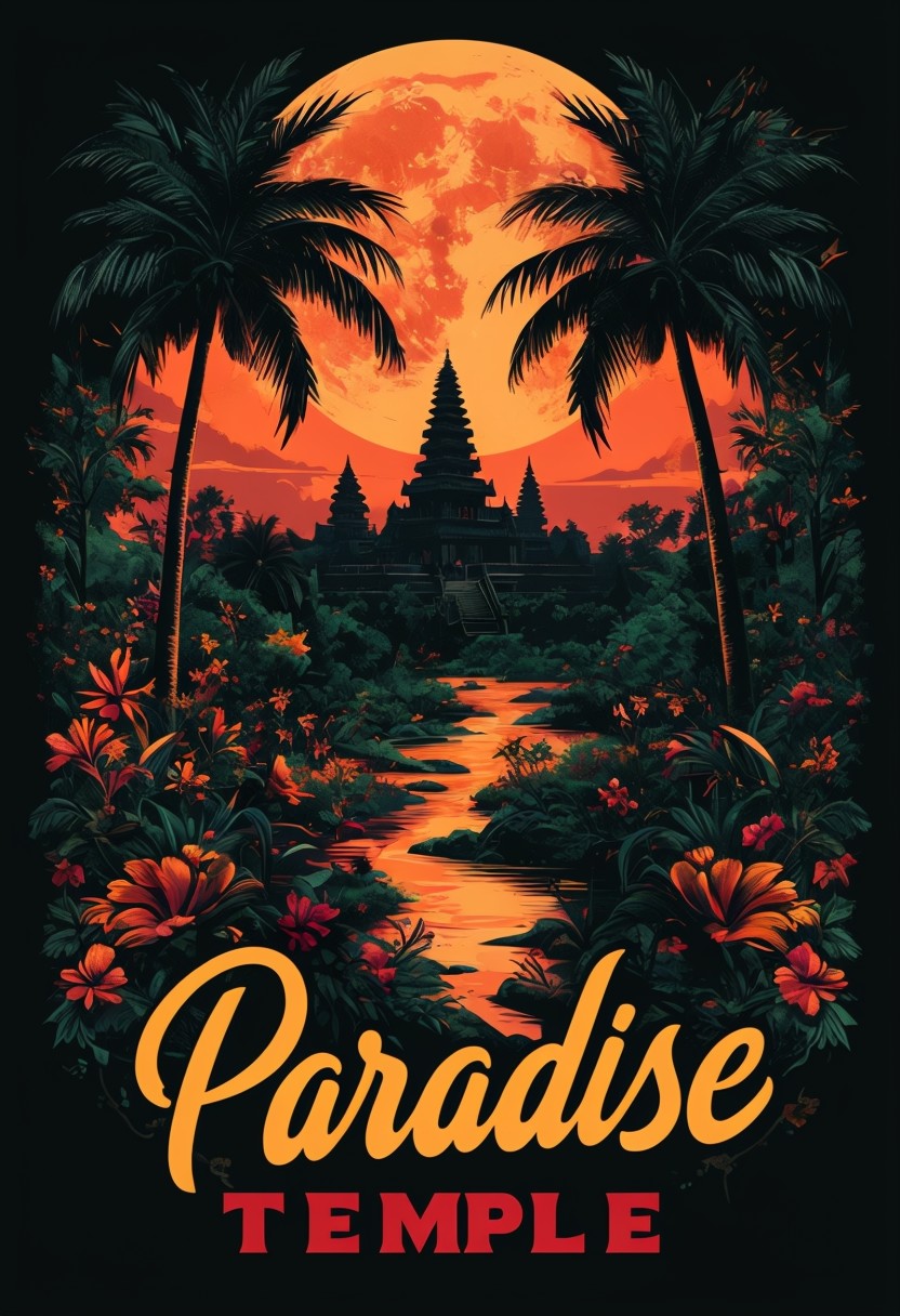 Tropical Moonlit Temple Paradise Illustration