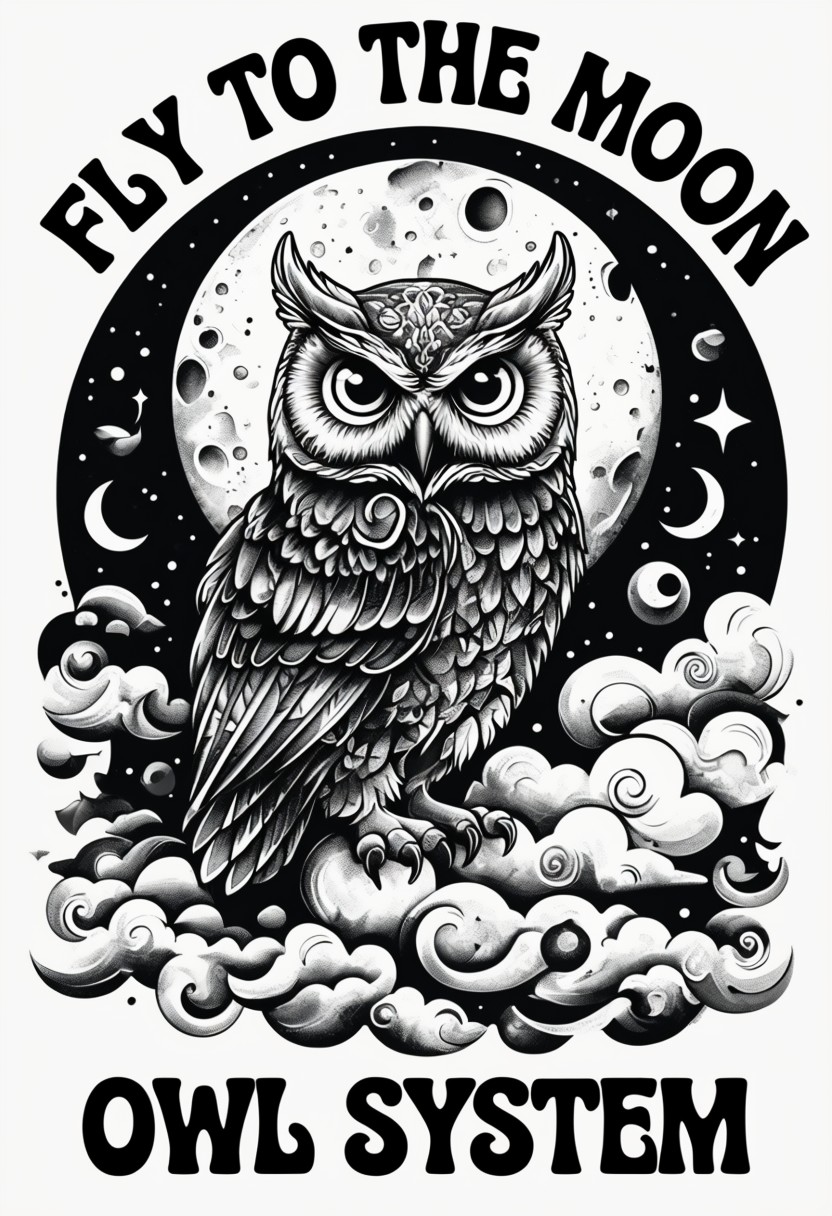 Black White Intricate Owl Moon Design