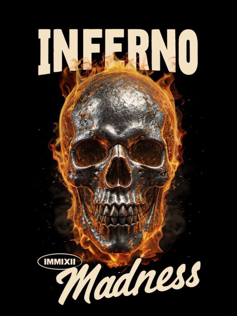 Fiery Metallic Skull Inferno Madness T-Shirt Graphic