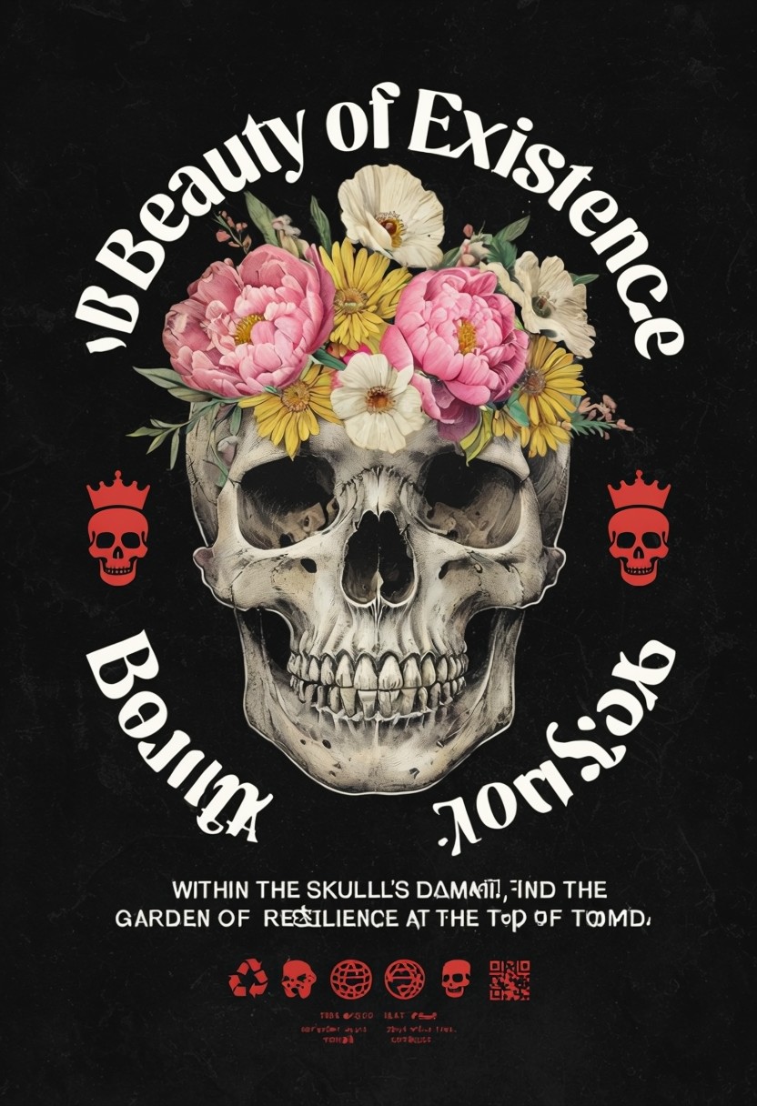 Vintage Skull & Flowers Engraved Graphic Design