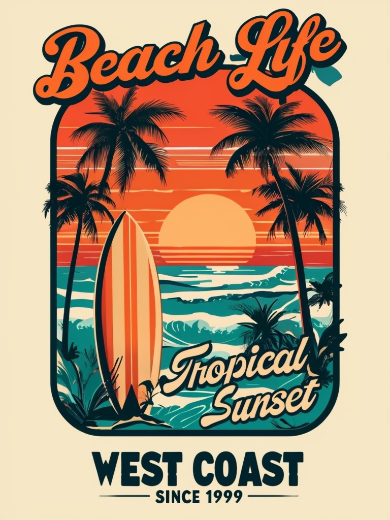 Vintage Tropical Sunset Surfboard Graphic Design