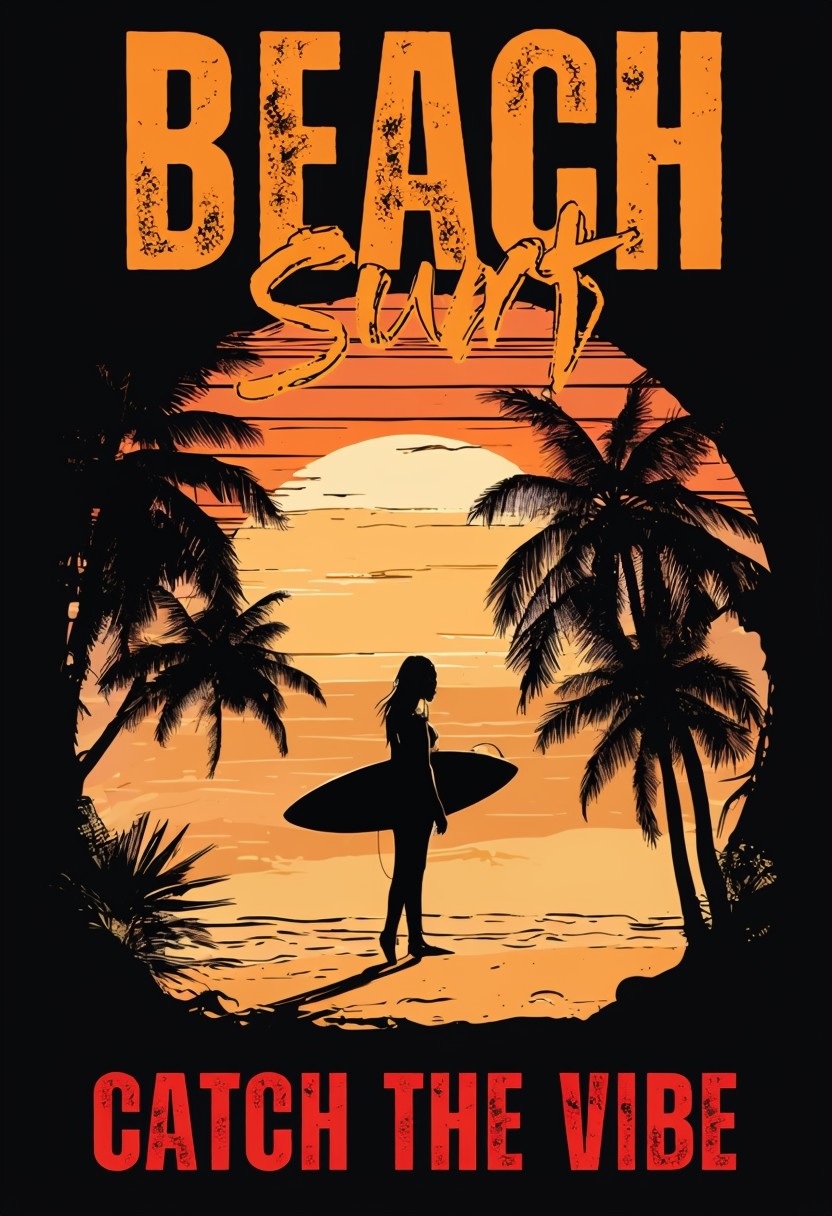 Vintage Surf Beach Sunset Silhouette Graphic Design