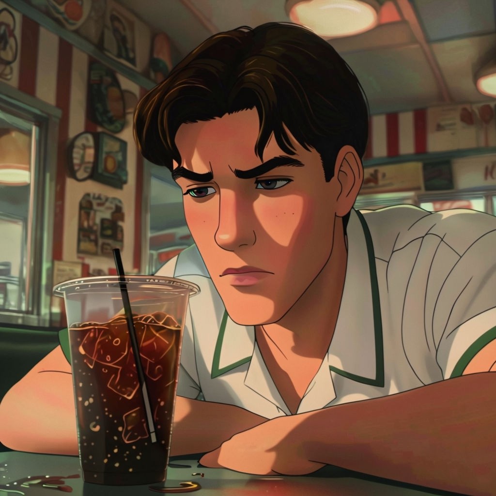 Contemplative Young Man in Diner Animated Scene Art