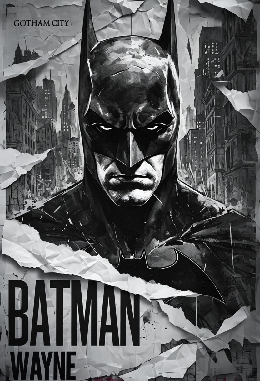 Monochromatic Batman Comic Book Style Poster with Grayscale Cityscape Poster