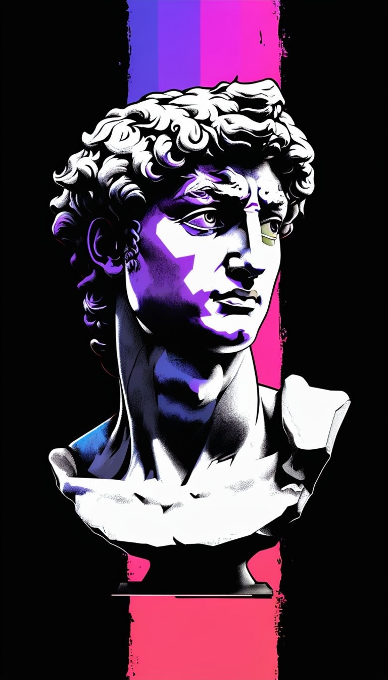 Vivid Pop Art Style Bust of Michelangelo's David in Black and White with Color Block Art