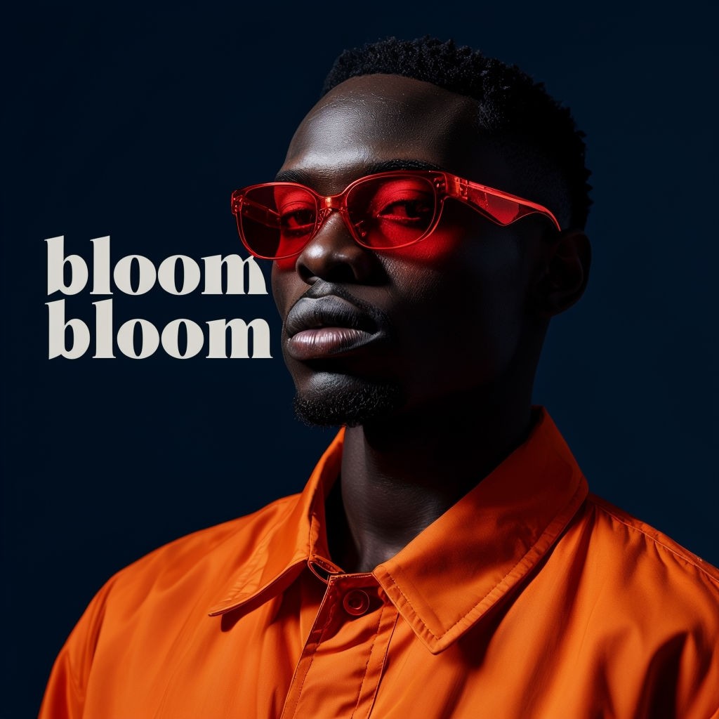 Confident Modern Portrait of Man in Bright Orange Jacket with Bold 'Bloom Bloom' Text Art