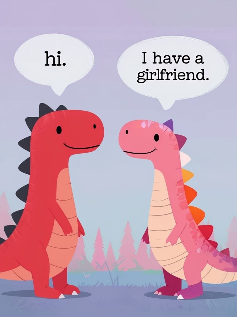 Cartoon Dinosaurs Having a Humorous Conversation with Speech Bubbles Poster