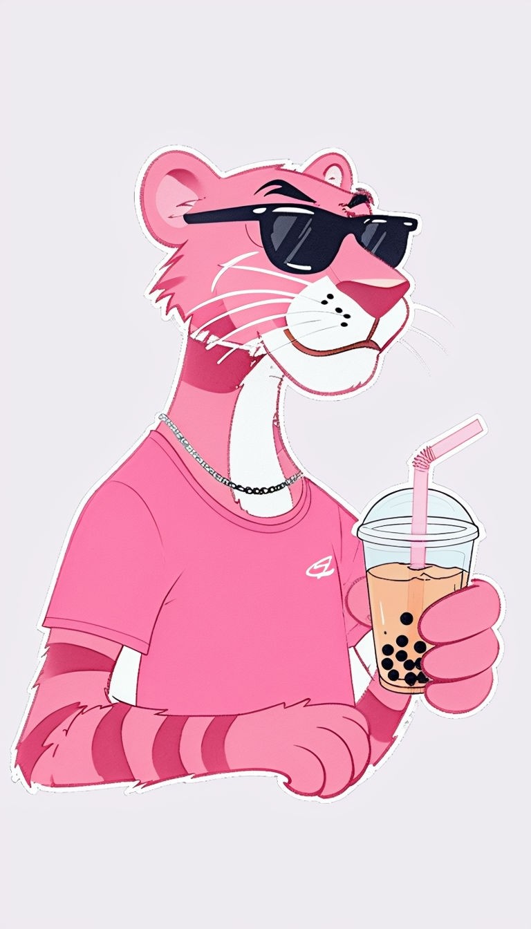 Cool Pink Panther Boba Tea Cartoon T-shirt Design