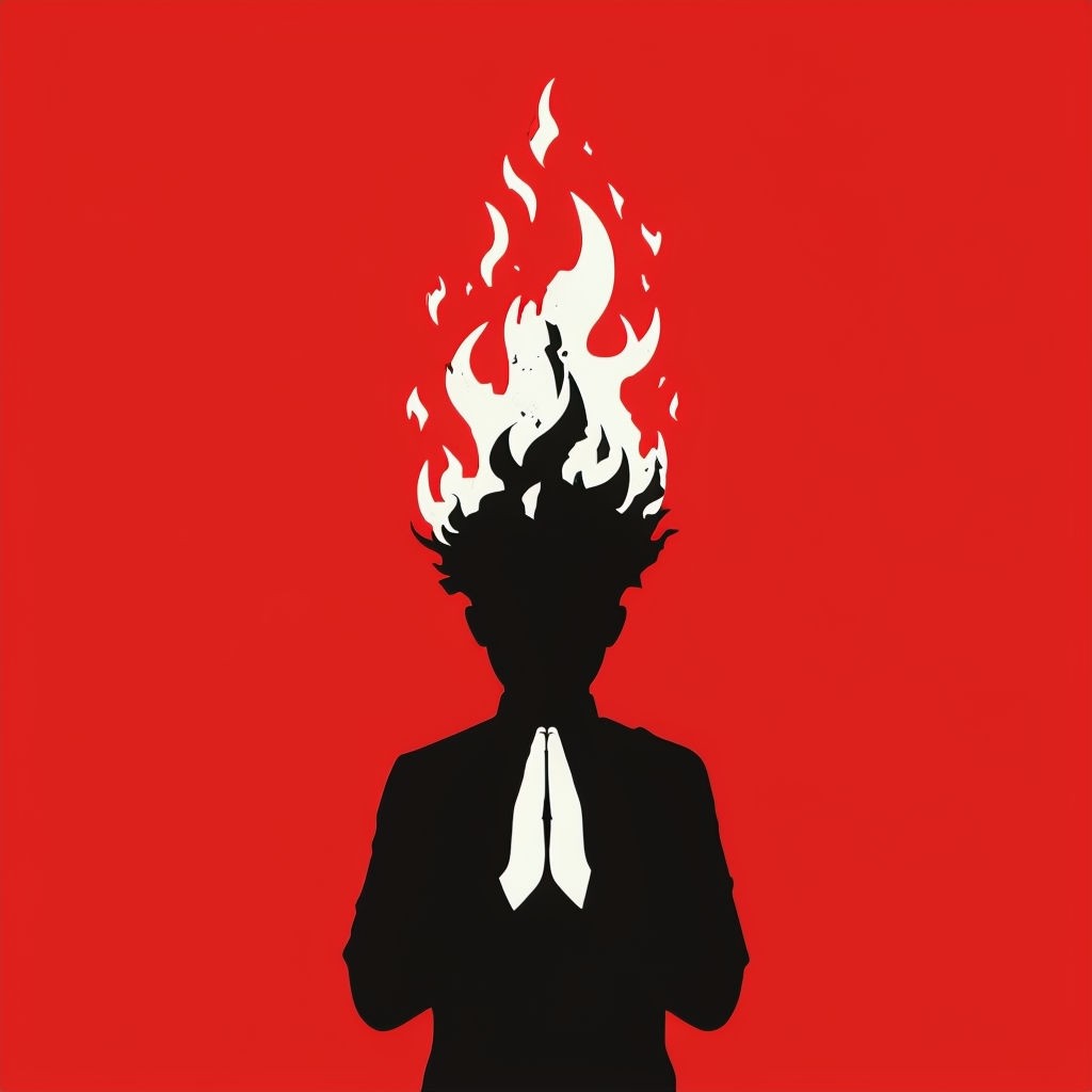 Contemplative Silhouette with Abstract Flames on Vivid Red Background Art