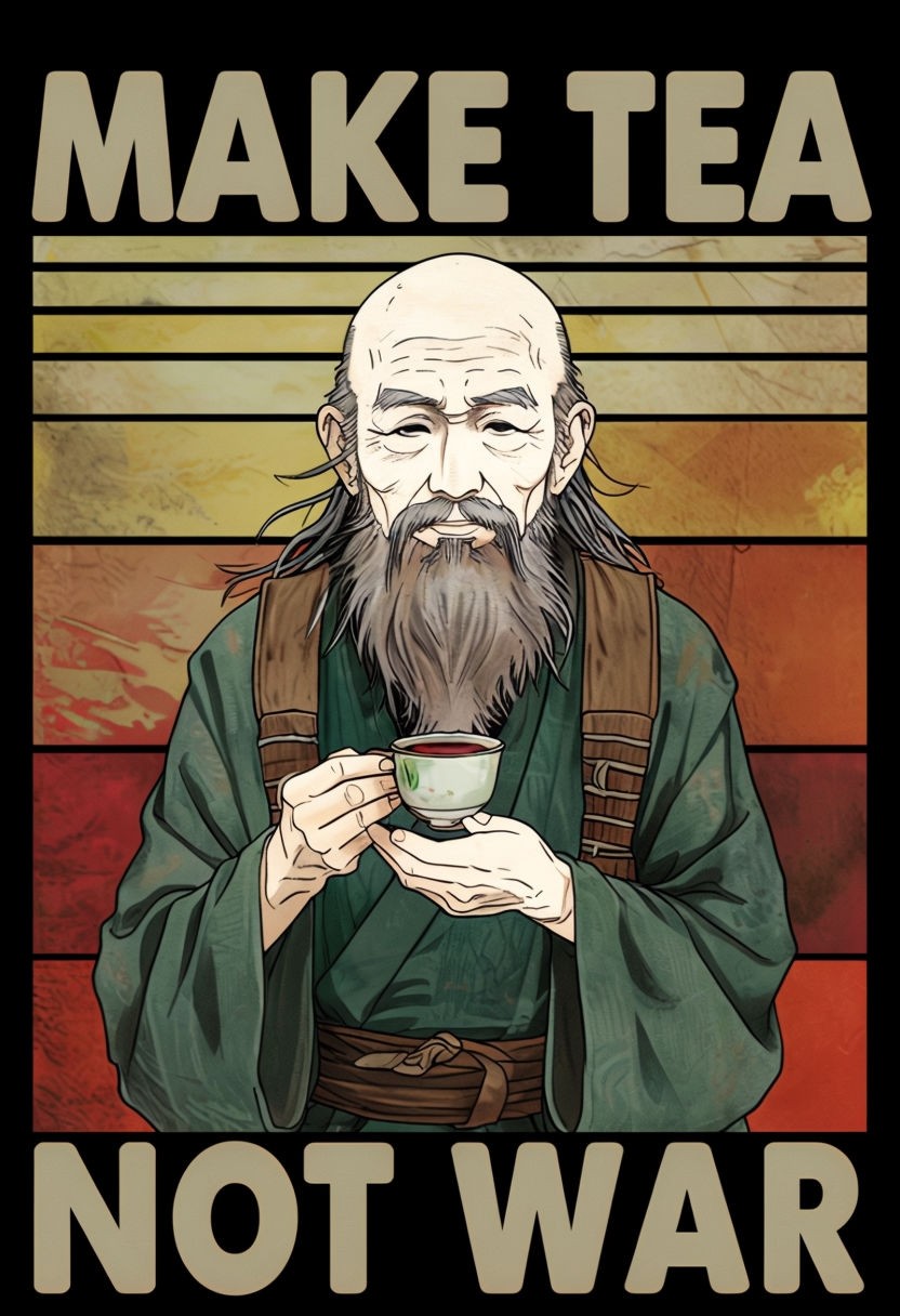 Serene Elderly Man with Tea Make Tea Not War Art