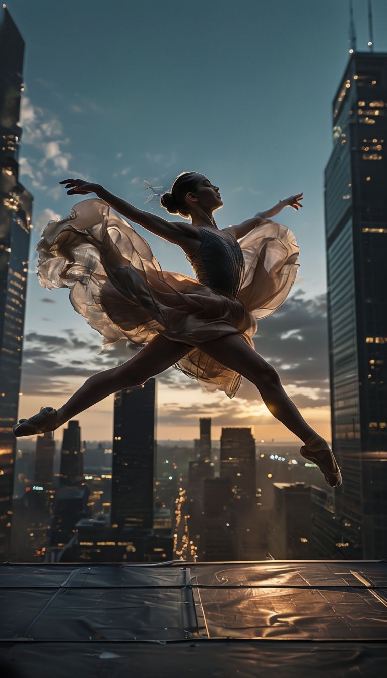 Twilight Ballerina Leap Over Cityscape in Dramatic Portrait Photography Sticker