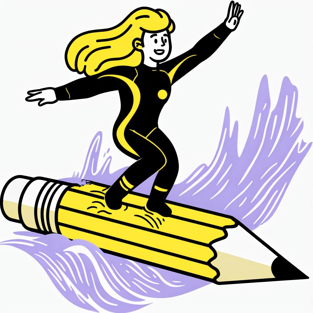 Playful Cartoon Character Surfing on a Yellow Pencil Illustration Art