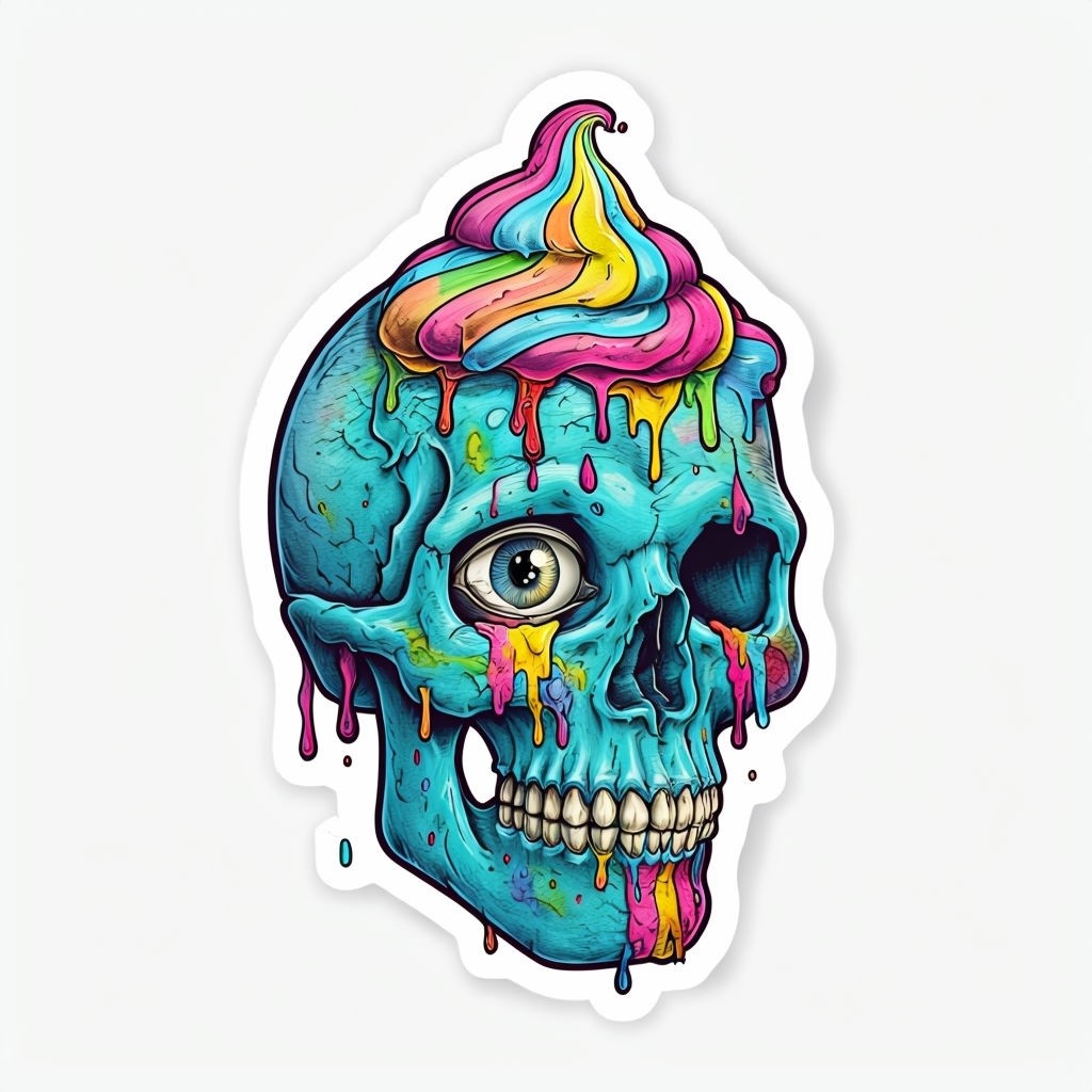 Vibrant Cartoon Skull with Melting Ice Cream Patterns Sticker