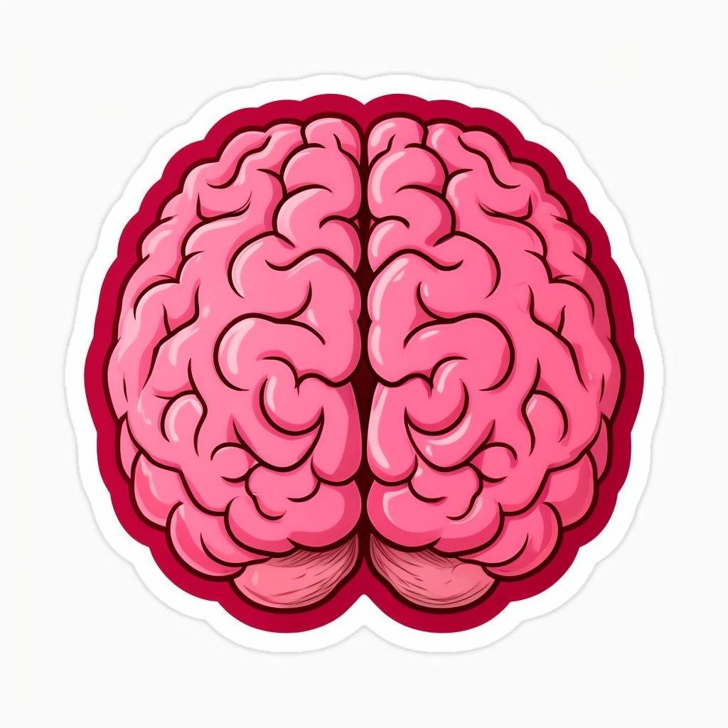 Bright Pink Cartoon Brain Sticker with Detailed Folds and Dark Red Outline