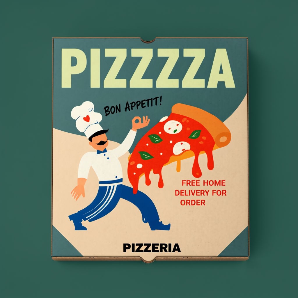 Playful Pizza Chef Illustration For Delicious Delivery Box Design