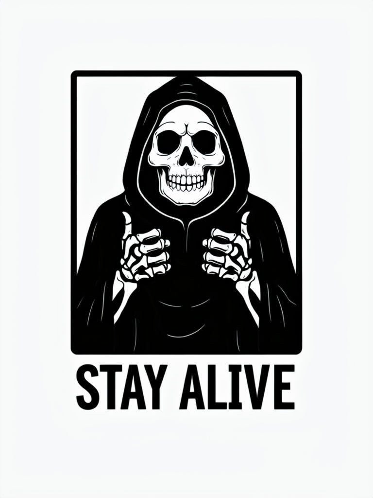 Grim Reaper Line Art Illustration with 'STAY ALIVE' Message Poster