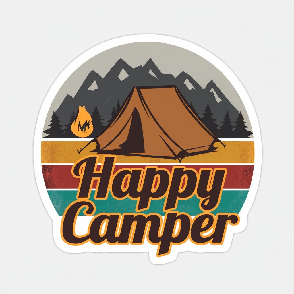 Retro 'Happy Camper' Sticker with Tent and Mountain Illustration