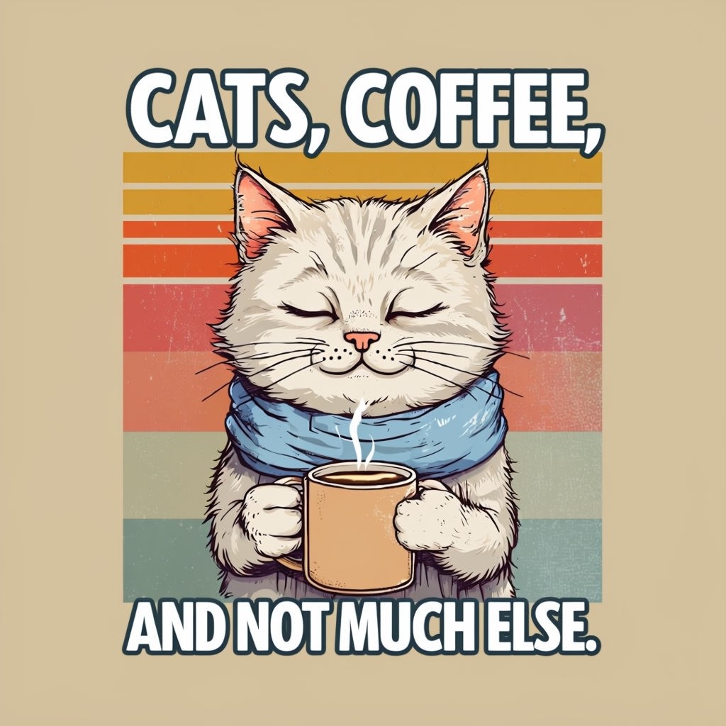 Cozy Cat with Coffee Mug T-Shirt Design in Retro Striped Background