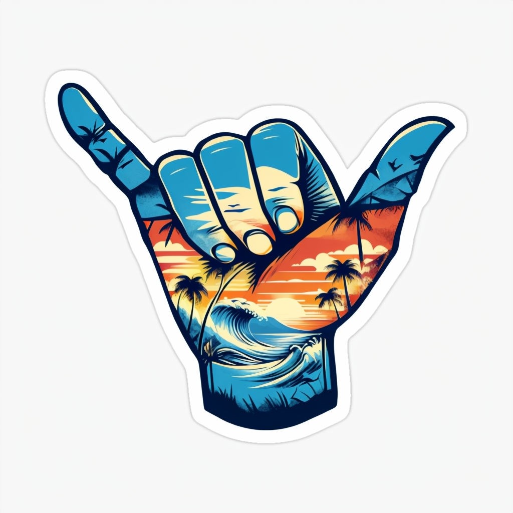 Shaka Hand Gesture Sticker with Tropical Aesthetic