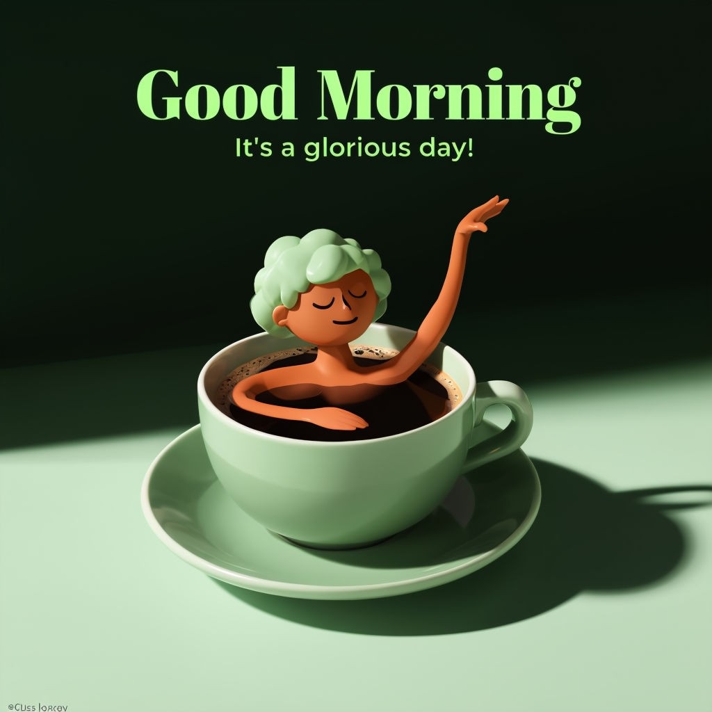 Whimsical Coffee Cup Illustration with Cartoon Figure and 'Good Morning' Social Media Post