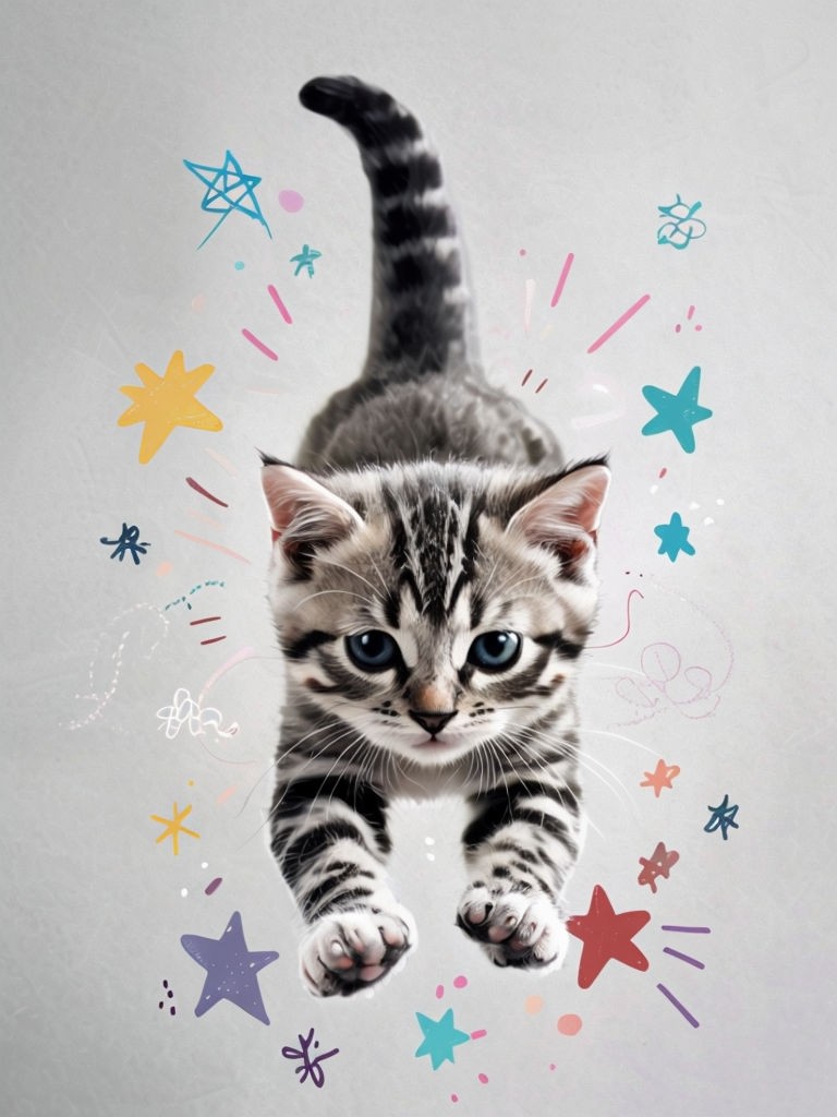 Playful Gray Tabby Kitten Surrounded by Colorful Stars Art