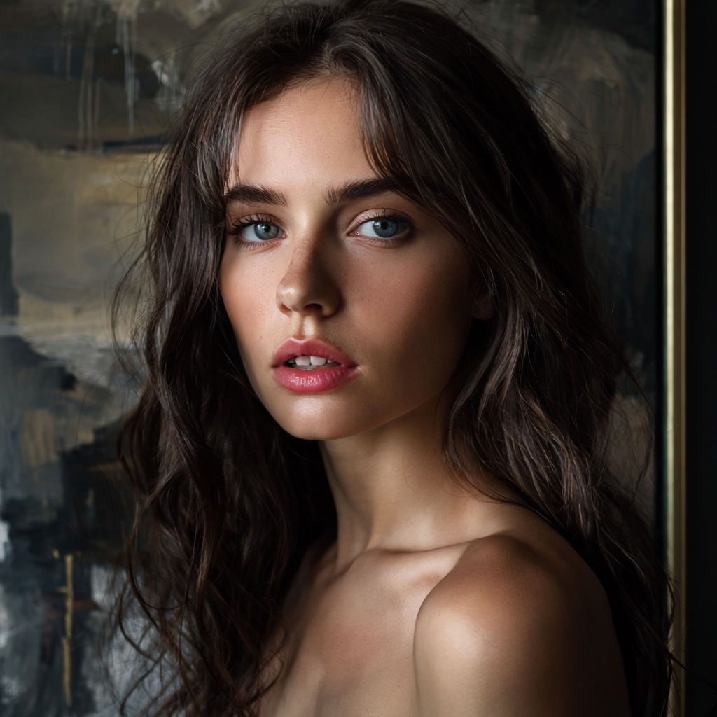 Serene Close-Up Portrait of a Woman with Wavy Hair and Blue Eyes Art