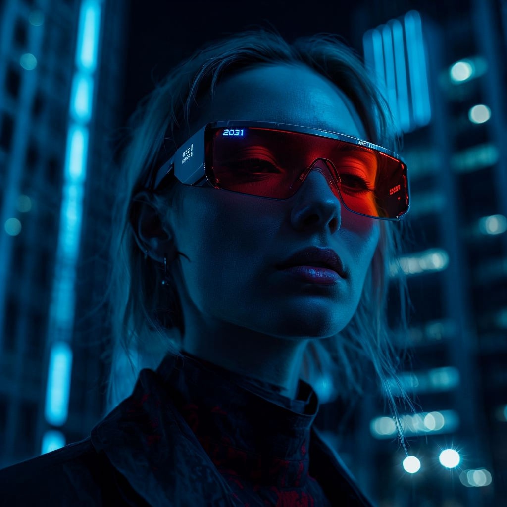 Futuristic Neon Portrait with Red-Tinted Sunglasses and Cyberpunk Aesthetic Art