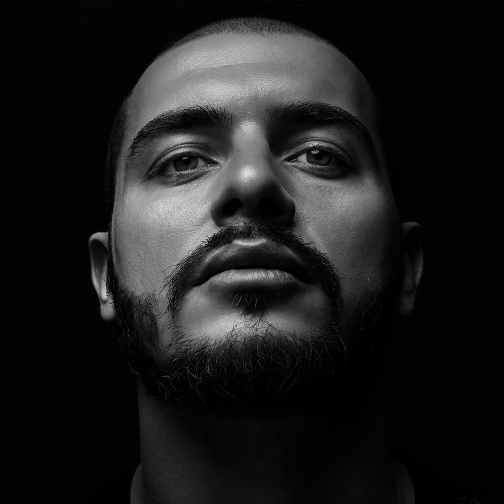 Dramatic High-Contrast Black and White Portrait of a Man Art