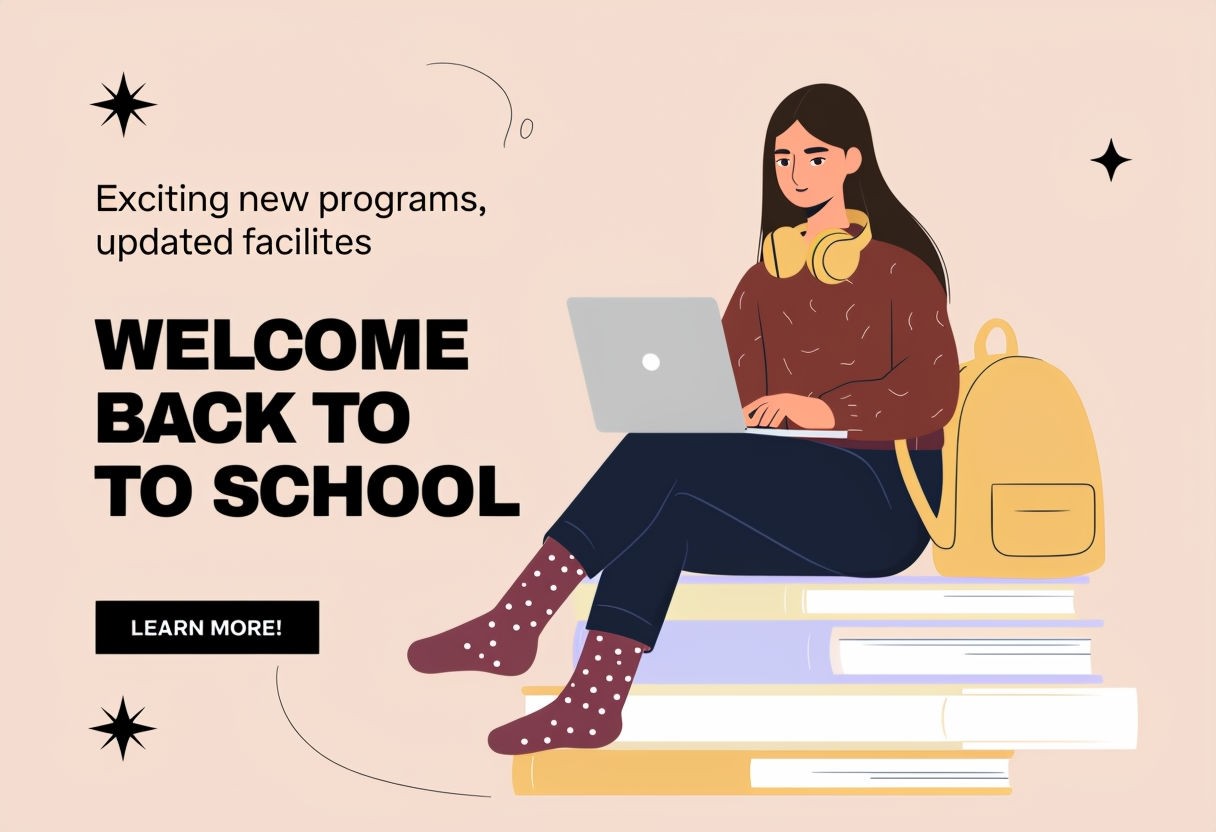 Welcoming Back to School Minimalist Digital Poster with Student and Books