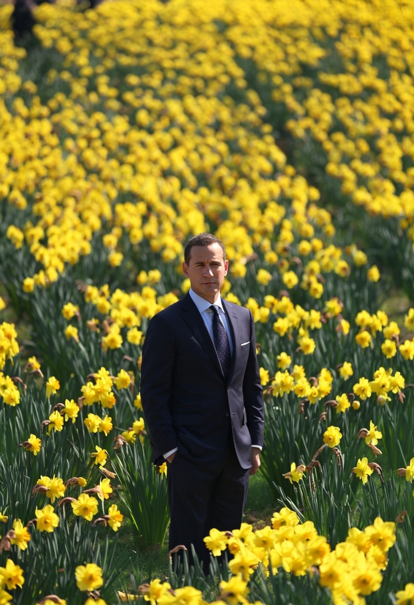 Man in Navy Suit Surrounded by Bright Daffodils Art